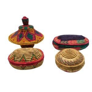 Lot of Vintage Ethiopian Handwoven Coiled Baskets Multi Colored Different Sizes